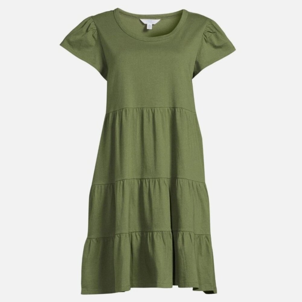 Time & Tru 100% Cotton Tiered Knit Dress Women's XL 16-18 Olive Green w Pockets